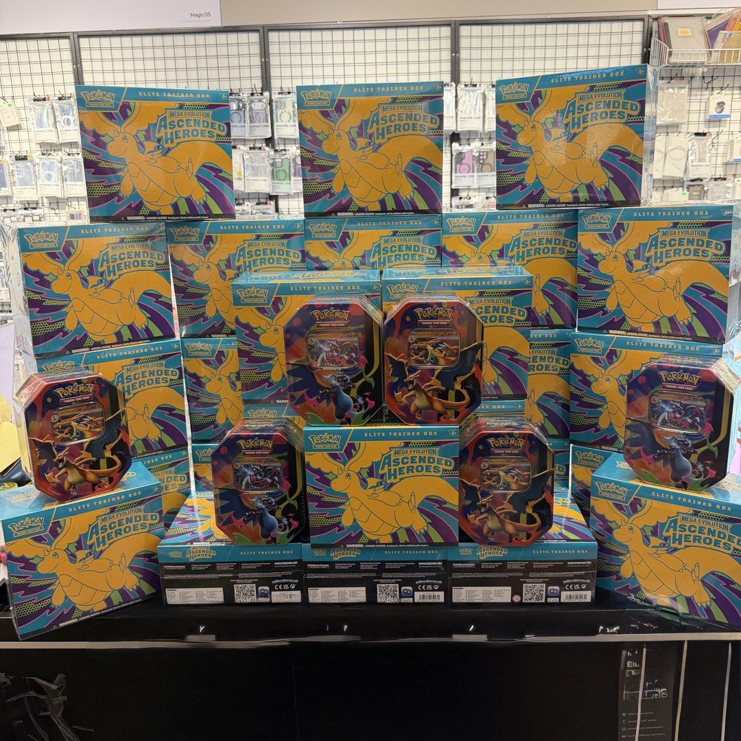 Retail shelf filled with Ascended Heroes Pokémon TCG Elite Trainer Boxes and sealed products